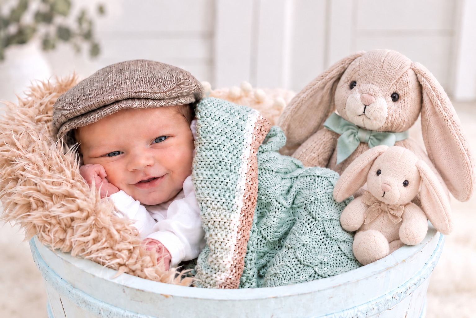 Baby mit Kuscheltieren im Körbchen